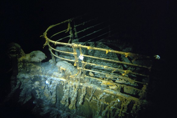 This image from the Woods Hole Oceanographic Institution shows the bow of the Titanic 12,500 feet (3.8 kilometers) below the ocean's surface, 400 miles (640 kilometers) off the coast of Ne...