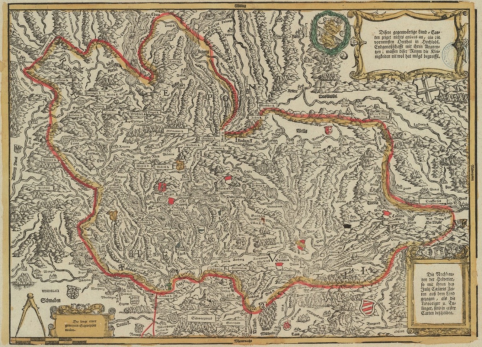 Die Eidgenossenschaft und ihre Grenzen im frühen 16. Jahrhundert. Nach Süden orientierte Karte von Johannes Stumpf, um 1550.
https://www.e-rara.ch/bau_1/content/titleinfo/3955460