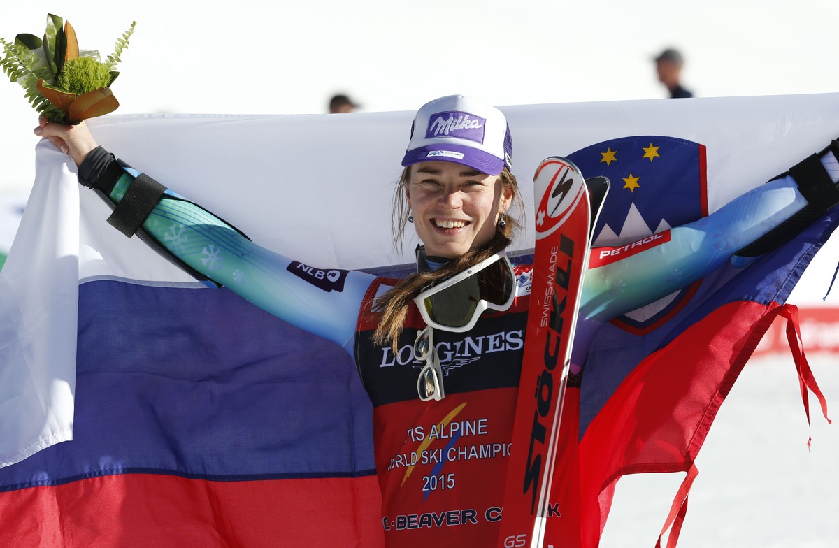 Slovenia's Tina Maze celebrates winning the women’s alpine combined competition at the alpine skiing world championships, Monday, Feb. 9, 2015, in Beaver Creek, Colo. (AP Photo/Marco Trovati)