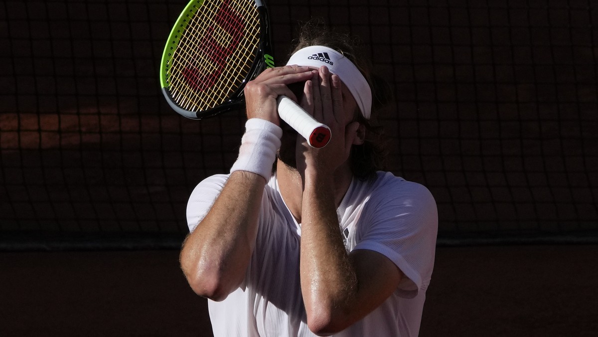 Stefanos Tsitsipas of Greece reacts as he defeats Germany's Alexander Zverev in their semifinal match of the French Open tennis tournament at the Roland Garros stadium Friday, June 11, 2021 in Pa ...