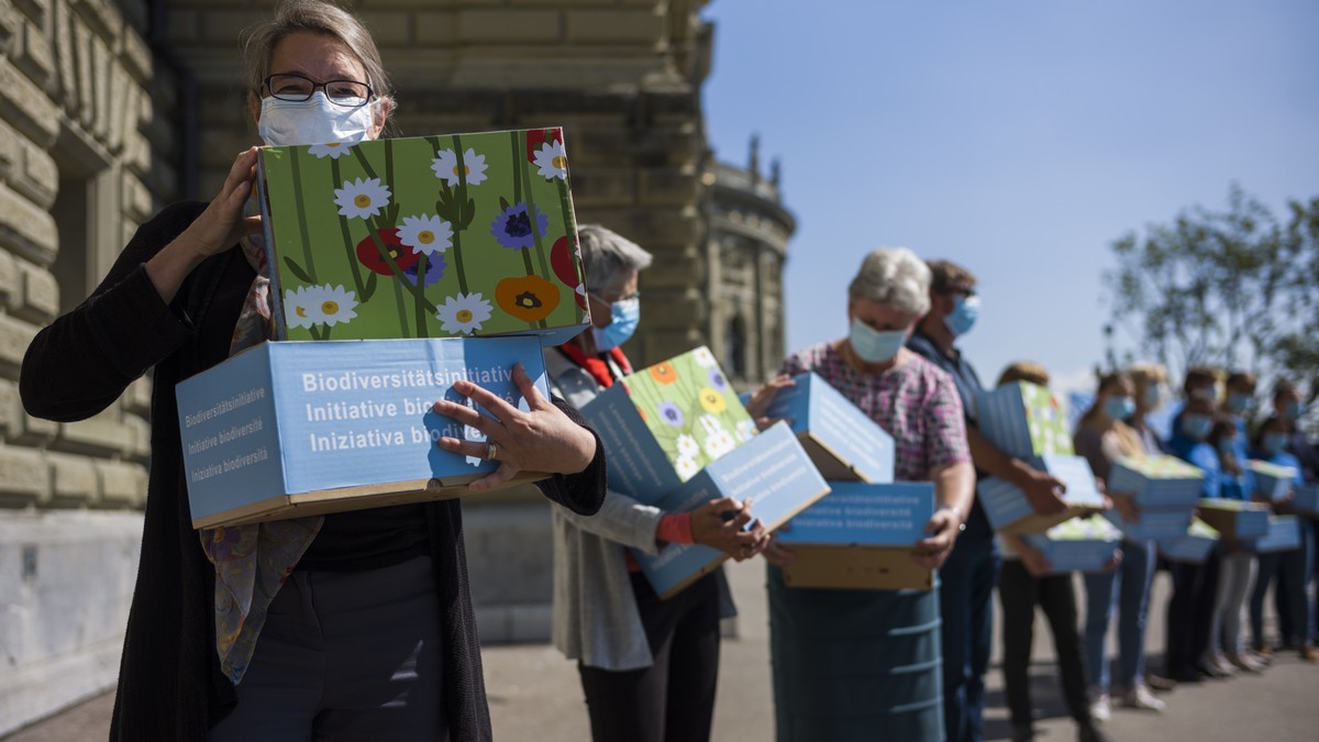 Aktivistinnen von Naturschutzorganisationen reichen in einer symbolischen, Covid-tauglichen Aktion die Unterschriften zur Biodiversitaetsinitiative und der Landschaftsinitiative bei der Bundeskanzlei  ...