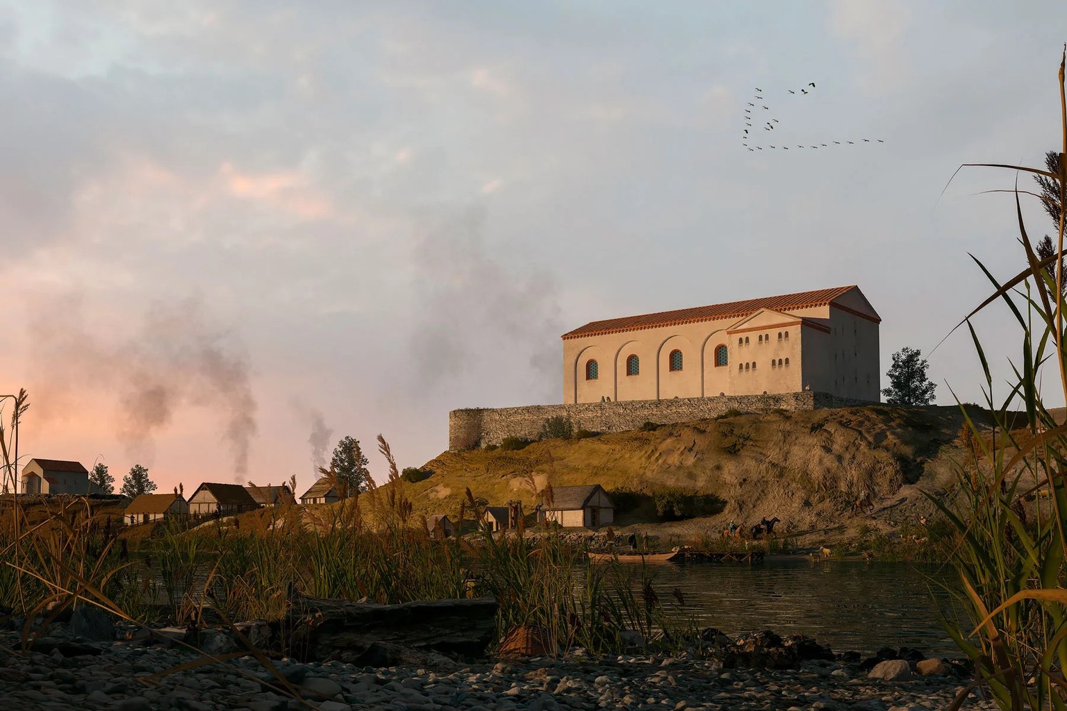 Digitale Rekonstruktion der karolingischen Pfalz: So könnte die Pfalz auf dem Lindenhof im Jahr 878 ausgesehen haben.
https://www.stadt-zuerich.ch/de/stadtleben/stadtportraet/zuerichs-geschichte/archa ...