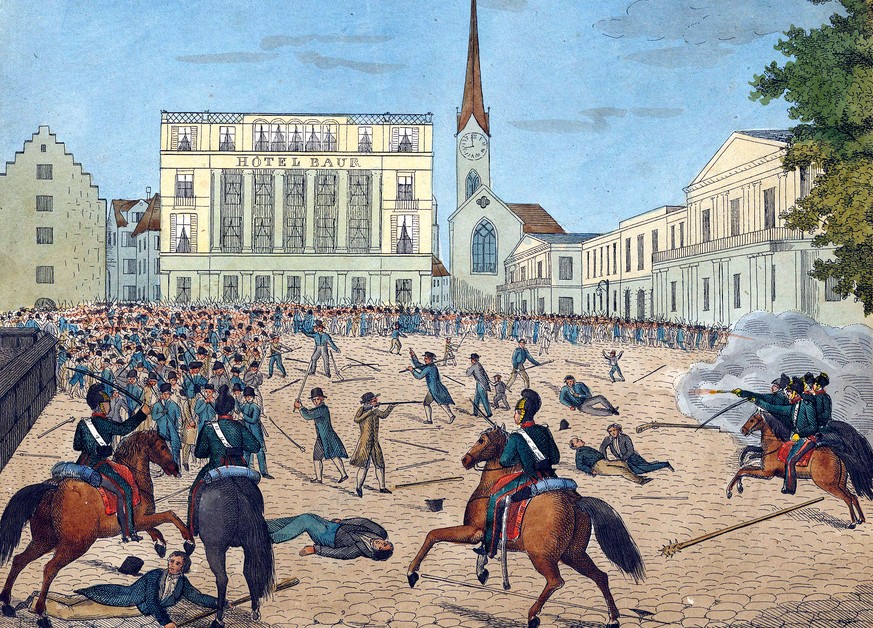 Züriputsch: Kämpfe zwischen Aufständischen und Regierungstruppen auf dem Paradeplatz, im Hintergrund das alte Hotel Baur, heute Savoy Baur en Ville.