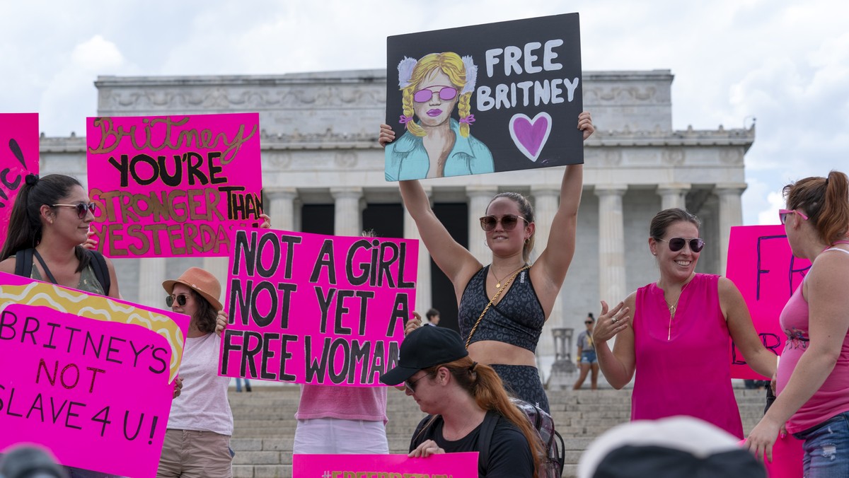 Fans and supporters of pop star Britney Spears protest at the Lincoln Memorial, during the "Free Britney" rally, Wednesday, July 14, 2021, in Washington. Rallies have been taking place acros ...