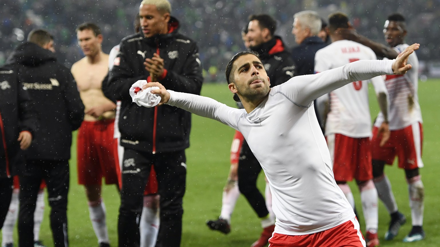 Switzerland's defender Ricardo Rodriguez, celebrates the victory during the 2018 Fifa World Cup play-offs first leg soccer match Northern Ireland against Switzerland at Windsor Park, in Belfast, North ...