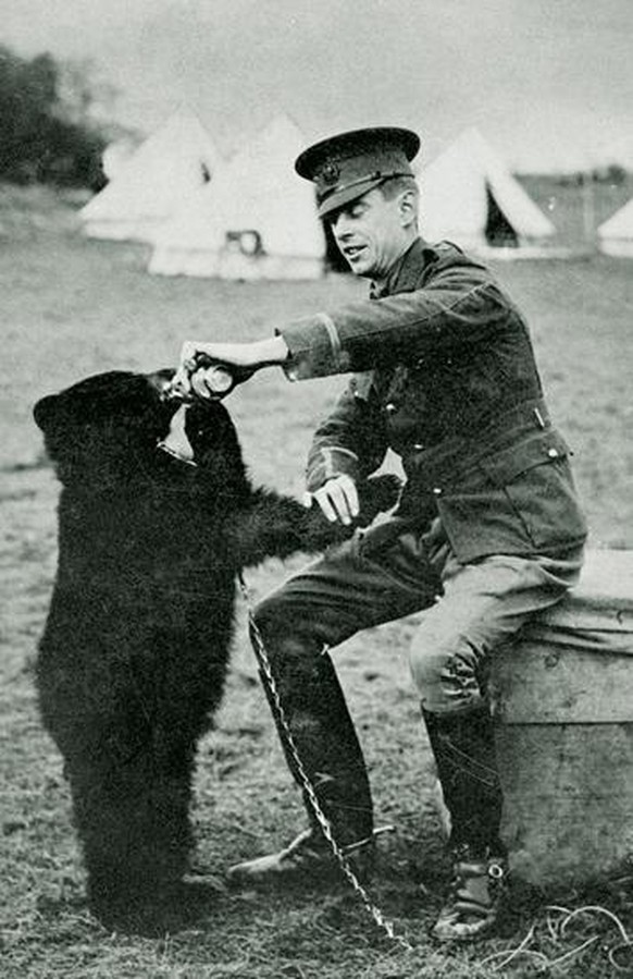 Harry Colebourn mit seinem Bären, 1914. Er benannte ihn nach seiner Heimatstadt Winnipeg, Manitoba, Kanada.