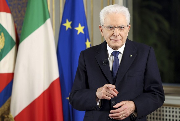 epa09661729 A handout photo made available by the Quirinal Press Office shows Italian President Sergio Mattarella delivering his year-end speech, the last of his seven-year term, in Rome, Italy, 31 De ...