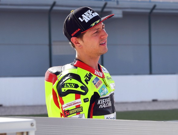 epa06606023 Swiss Moto2 rider Dominique Aegerter of the Kiefer Racing team attends a photo session of the Motorcycling Grand Prix of Qatar at the Losail International Circuit in Doha, Qatar, 15 March  ...