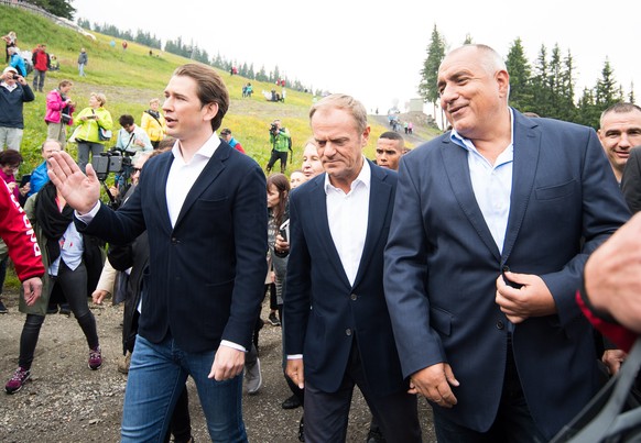 epa06851211 Austrian Chancellor Sebastian Kurz (L), President of the European Council Donald Tusk (C) and Bulgarian Prime Minister Boyko Borissow (R) walking on the EU-Trail during the inaugural event ...