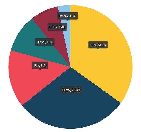 Hybrid-Autos (HEV) hatten im Januar einen Marktanteil von 35 %, E-Autos (BEV) 15 % und Plug-in-Hybride (PHEV) 7 %. Benzin-Autos kommen auf 29 % und Diesel auf 10 %.