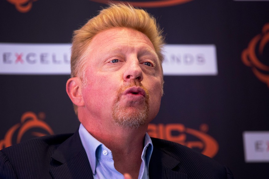 epa04724162 Former German tennis player Boris Becker speaks during a promotional event on a new bandage for athletes in Hamburg, Germany, 28 April 2015. Becker, currently working as coach of Serbian t ...