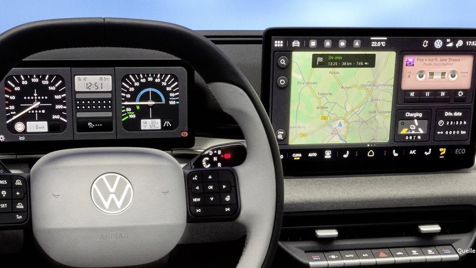 Auf Knopfdruck zeigt das Fahrerdisplay ein nostalgisches Design, das an die Rundinstrumente der ersten VW Golf-Generation erinnert.