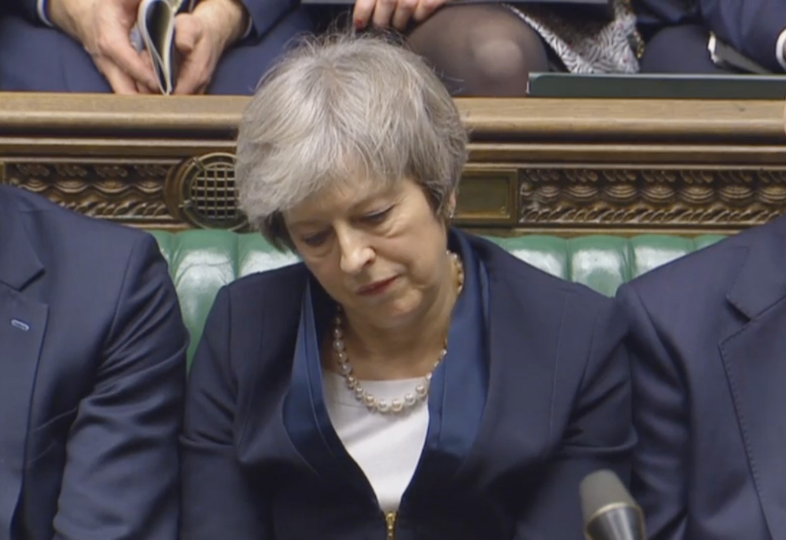 epa07287677 A handout video-grabbed still image from a video made available by UK parliament&#039;s parliamentary recording unit showing British Prime Minister Theresa May after the result of the Brex ...