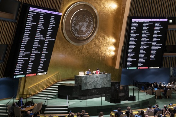 Voting commences on a resolution during a meeting of the United Nations General Assembly, Thursday, April 7, 2022, at United Nations headquarters. UN General Assembly approved a resolution suspending  ...