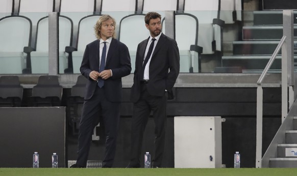 Juventus&#039; president Andrea Agnelli, right, and his Vice President Pavel Nedved attend a Serie A soccer match between Juventus and Roma, at the Allianz stadium in Turin, Italy, Saturday, Aug.1, 20 ...