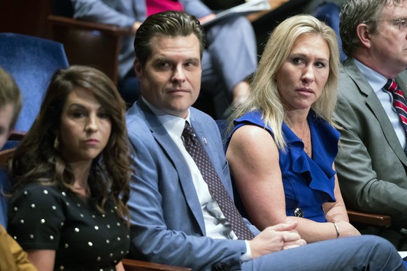 From left, Rep. Lauren Boebert, R-Colo., Rep. Matt Gaetz, R-Fla., and Rep. Marjorie Taylor Greene, R-Ga., attend the House Judiciary Committee oversight hearing of the United States Department of Just ...