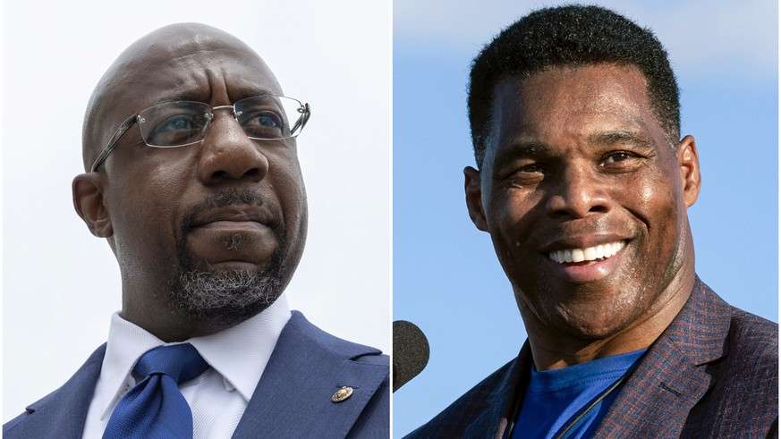 This combination of photos shows, Sen. Raphael Warnock, D-Ga., speaking to reporters on Capitol Hill in Washington, Aug. 3, 2021, left, and Republican Senate candidate Herschel Walker speaking in Perr ...