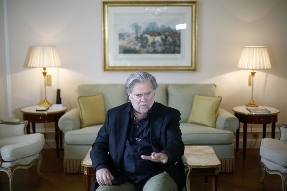 Former White House strategist Steve Bannon speaks during an interview with AP, in Paris, Monday, May 27, 2019. Steve Bannon says European integration is &quot;dead in its tracks&quot; after European e ...