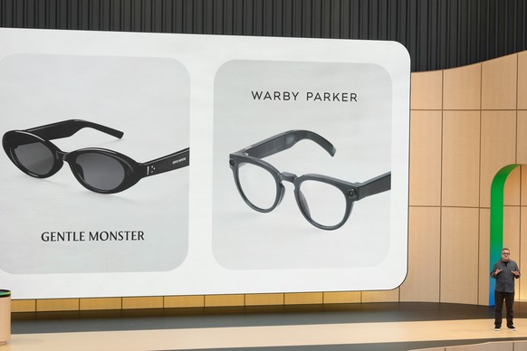 Shahram Izadi, of Android XR Platform &amp; Products, speaks about intelligent eyewear while speaking at a Google I/O event in Mountain View, Calif., Tuesday, May 19, 2026. (AP Photo/Jeff Chiu)
Shahra ...