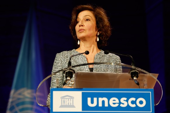 epa11974302 UNESCO Director-General Audrey Azoulay speaks during a tribute to the late Director-General Federico Mayor Zaragoza at the United Nations Educational, Scientific and Cultural Organization  ...