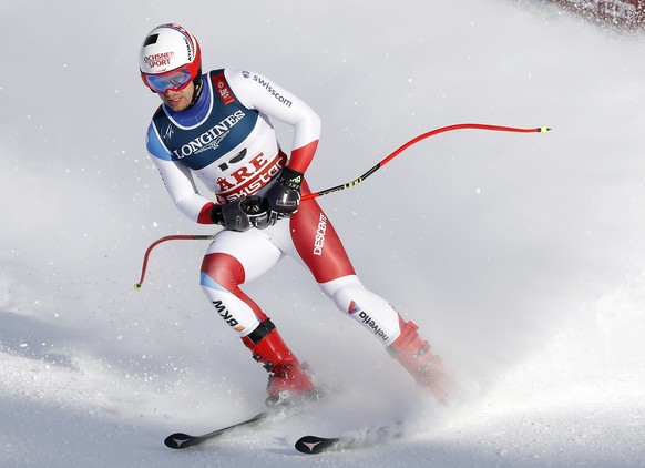 epa07361871 Mauro Caviezel of Switzerland reacts in the finish area during the Men&#039;s Alpine Combined Downhill race at the FIS Alpine Skiing World Championships in Are, Sweden, 11 February 2019. E ...