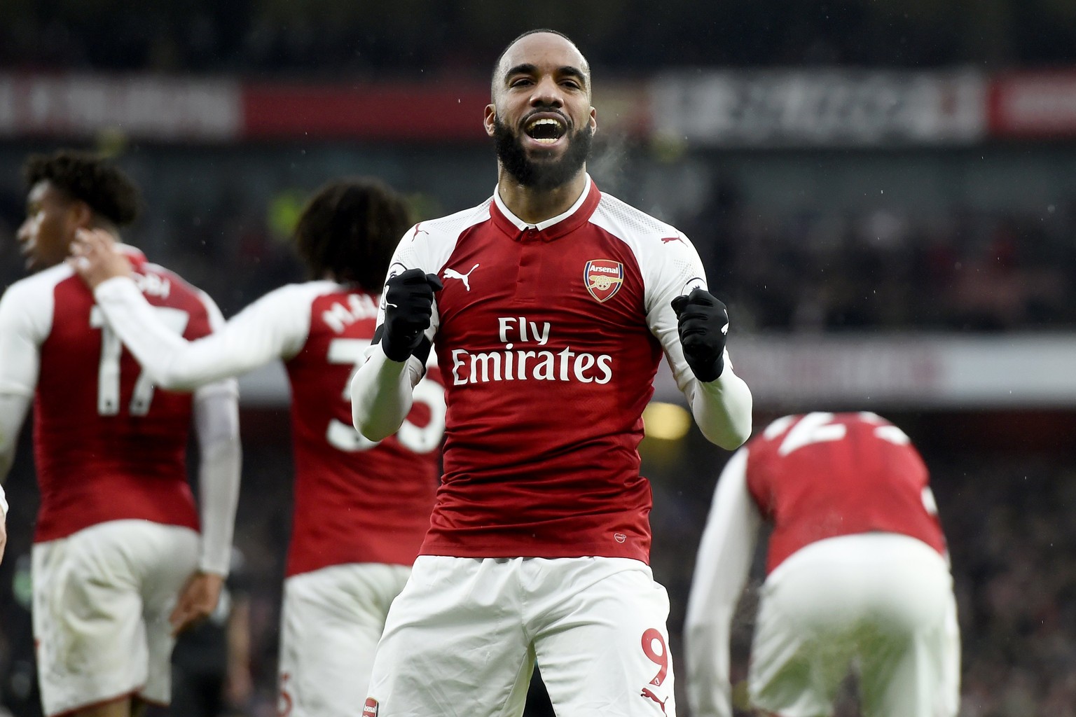 epa06457568 Arsenal&#039;s Alexandre Lacazette celebrates after scoring a goal during the English Premier League soccer match between Arsenal FC and Crystal Palace at the Emirates Stadium in London, B ...