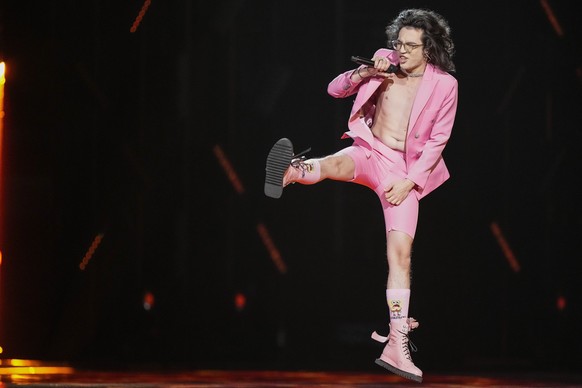 Romania's Theodor Andrei performs during dress rehearsals for the second semifinal of the Eurovision Song Contest in Liverpool, England, Wednesday, May 10, 2023. (AP Photo/Martin Meissner) Theodor A...