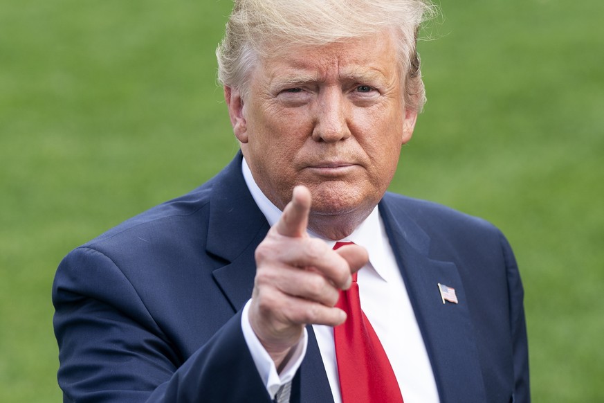 epa07656705 US President Donald J. Trump speaks to the media as he departs the White House for a campaign event in Florida in Washington, DC, USA, 18 June 2019. President Trump is travelling to Orland ...