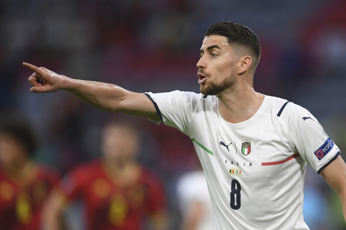 Italy's Jorginho gestures during a Euro 2020 soccer championship quarterfinal match between Belgium and Italy at the Allianz Arena in Munich, Germany, Friday, July 2, 2021. (Andreas Gebert/Pool P ...
