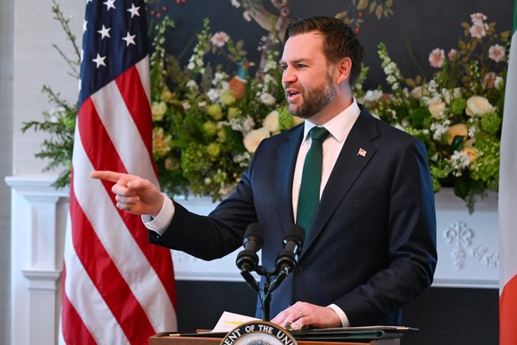 Vice President JD Vance speaks before breakfast with Ireland's Prime Minister Micheál Martin at the Vice President's residence at the U.S. Naval Observatory, Tuesday, March 16, 2026, in Wash ...