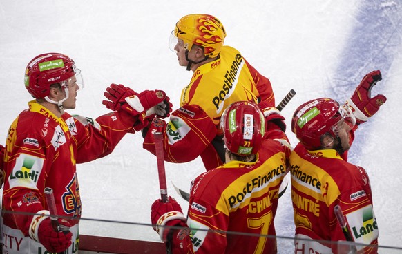 Biels Topscorer Toni Rajala, Jubelt, waehrend dem Meisterschaftsspiel der National Leaguel, zwischen dem EHC Biel und dem HC Lausanne, am Freitag, 26. Oktober 2018 in der Tissot Arena in Biel. (PPR /M ...