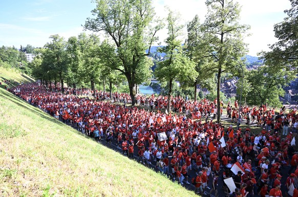 BERN, SWITZERLAND - JULY 18: fan march from the swiss fans to the stadium during the UEFA Women s EURO 2025 Quarter-Final match between Spain v Switzerland at Stadion Wankdorf on July 18, 2025 in Bern ...