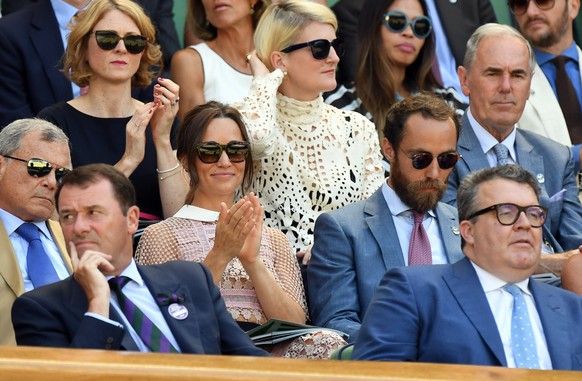 epa06067465 Pippa Middleton (L) and her brother James Middleton (R) in the Royal Box on Centre Court during the Wimbledon Championships at the All England Lawn Tennis Club, in London, Britain, 05 July ...