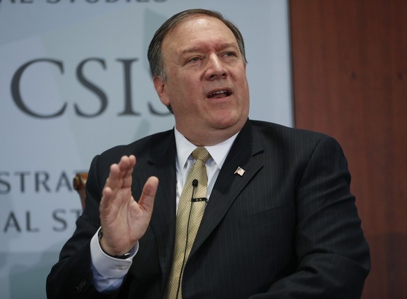 FILE- In this April 13, 2017, file photo Central Intelligence Agency Director Mike Pompeo answers questions at the Center for Strategic and International Studies (CSIS) in Washington. Pompeo is schedu ...