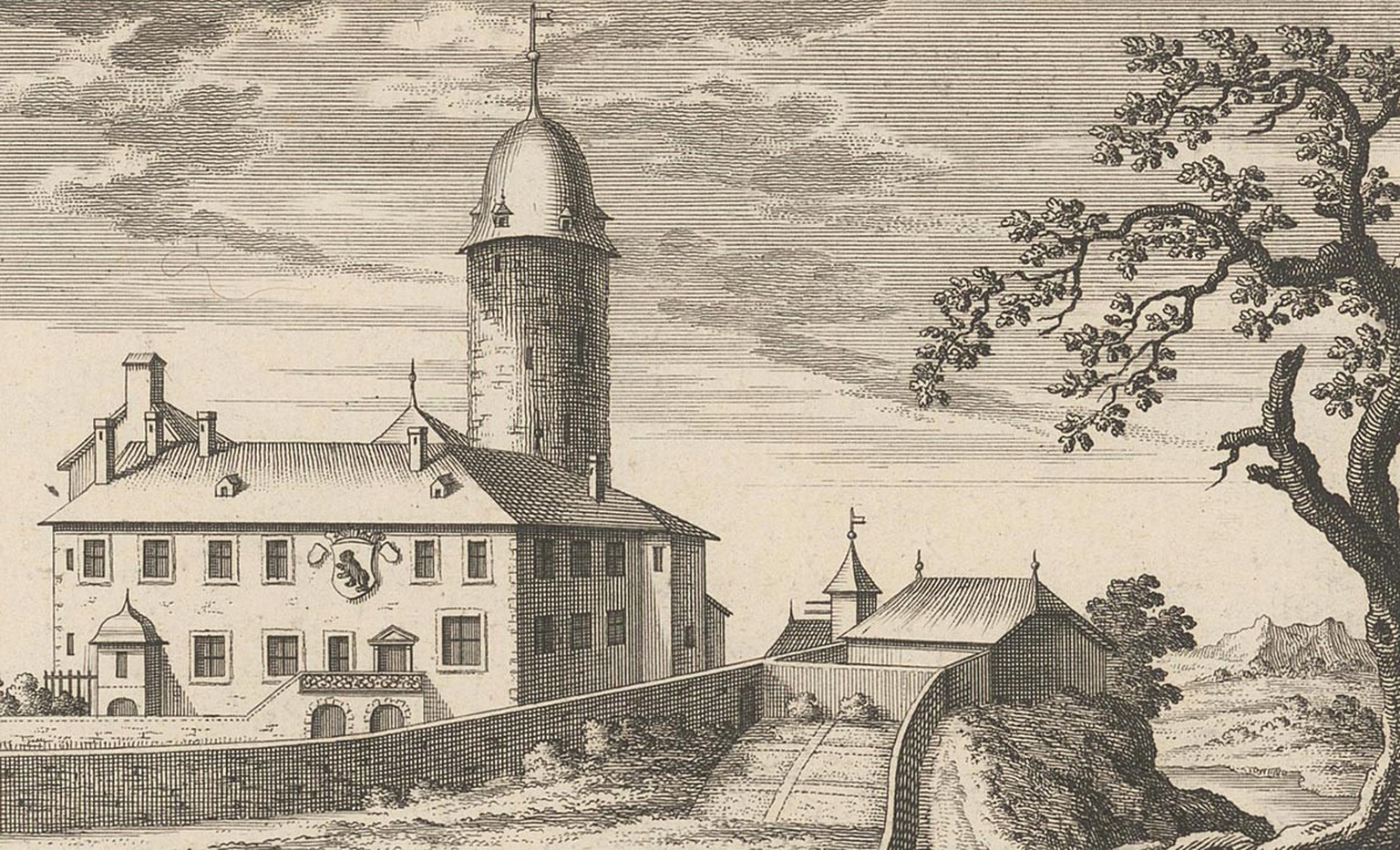 The castle of Aubonne with its characteristic tower.  Print from 1755.