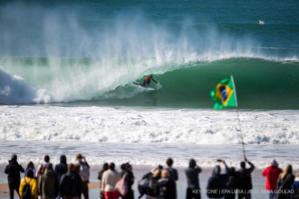 South African surfer Jordy Smith in action during his round of 16 heat at the Meo Pro Portugal surfing event as part of the World Surf League (WSL) World Tour at Supertubos beach in Peniche, Portugal, ...