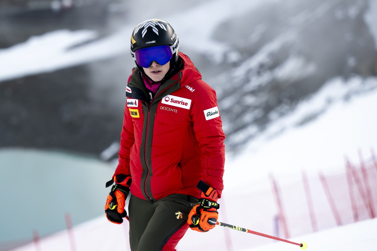 epa11684175 Lara Gut of Switzerland looks on during inspection prior to the first run of the Women's Giant Slalom race of the FIS Alpine Skiing World Cup season opener on the Rettenbach glacier,  ...