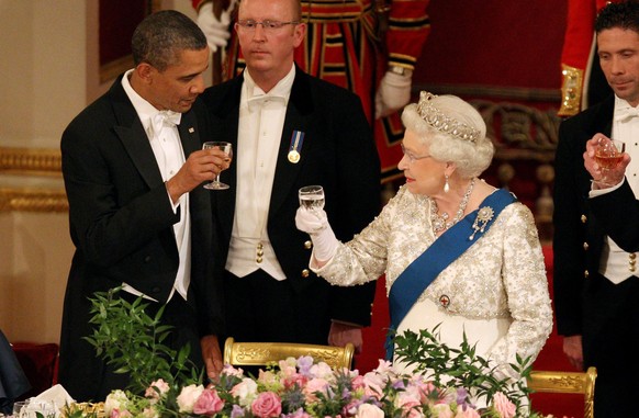Britain's Queen Elizabeth II, and U.S. President Barack Obama during a state banquet in Buckingham Palace, London, on Tuesday May 24, 2011. President Barack Obama immersed himself in the grandeur ...