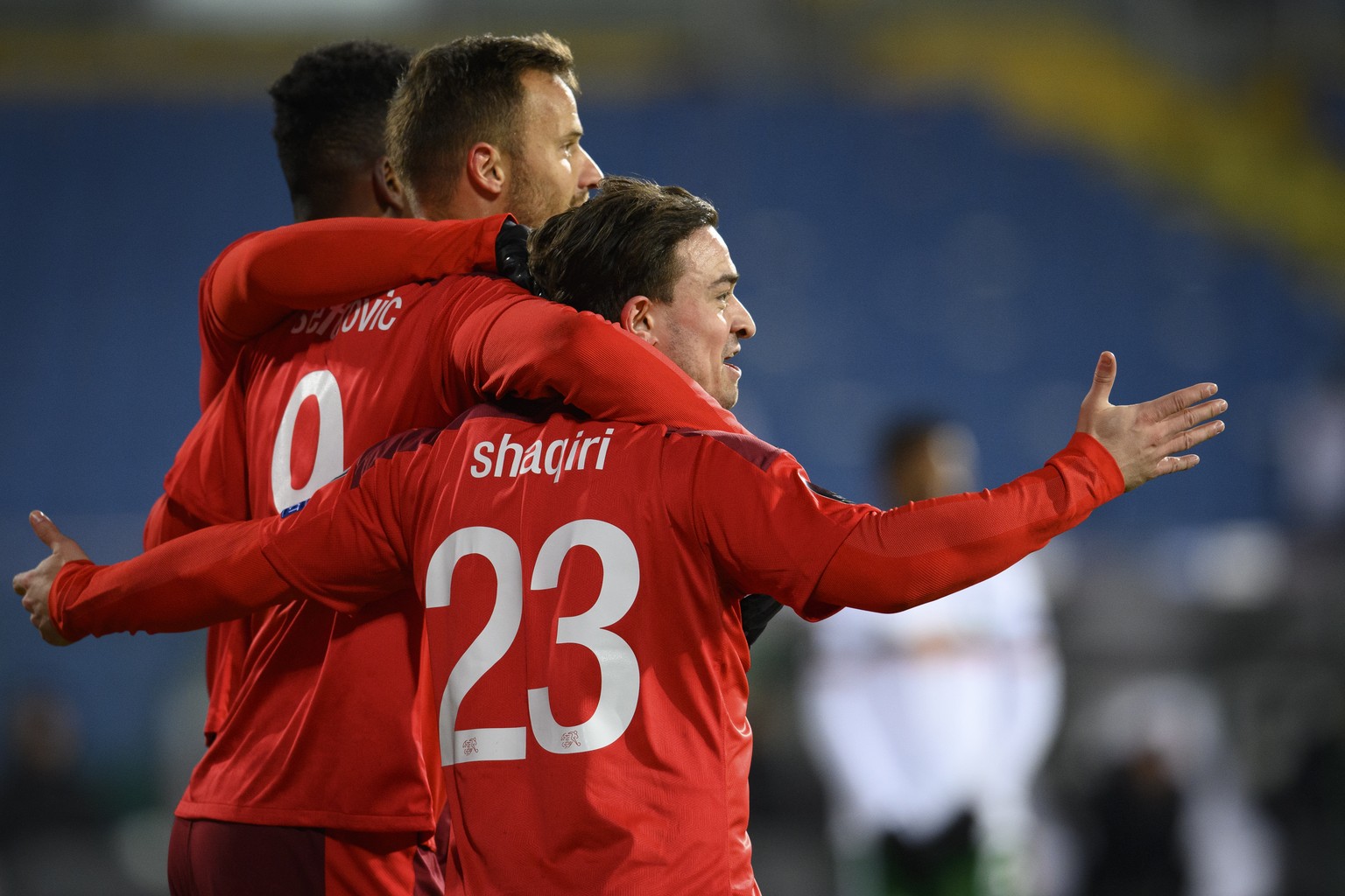 From left, Switzerland&#039;s forward Haris Seferovic celebrates after scoring (2-0) with Switzerland&#039;s miedfilder Xherdan Shaqiri during the closed door FIFA World Cup Qatar 2022 qualifying Grou ...