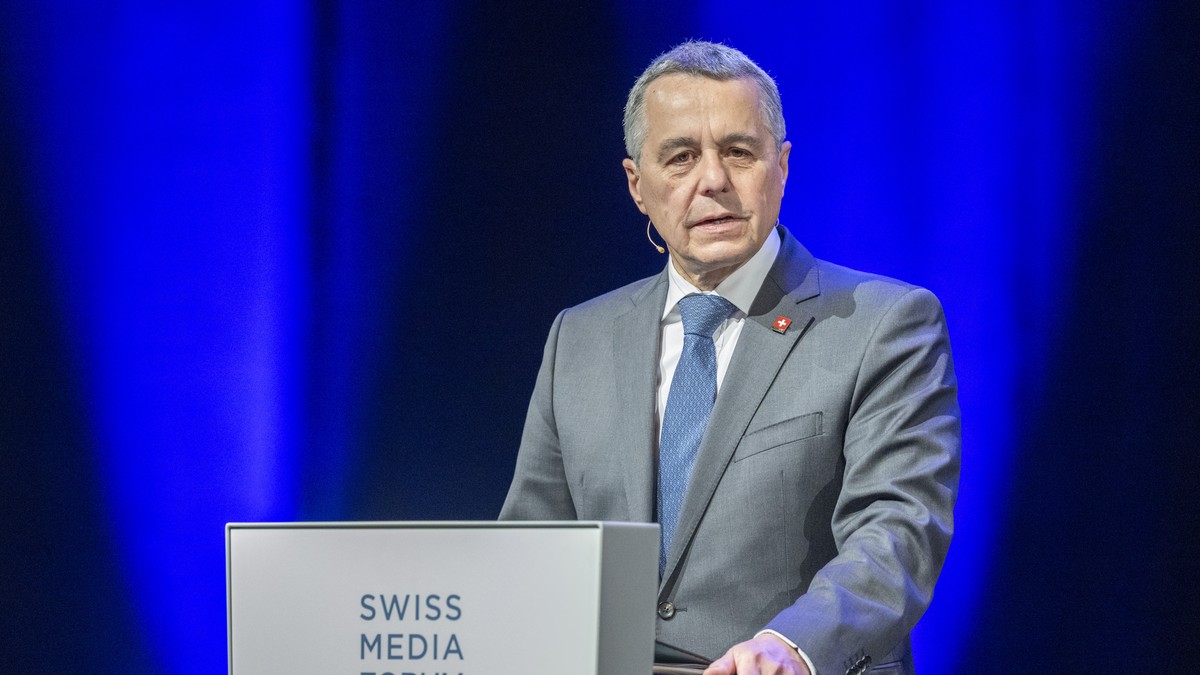 Bundesrat Ignazio Cassis bei seiner Rede anlaesslich des Swiss Media Forum vom Donnerstag, 15. Mai 2025 im KKL in Luzern. (KEYSTONE/Urs Flueeler).