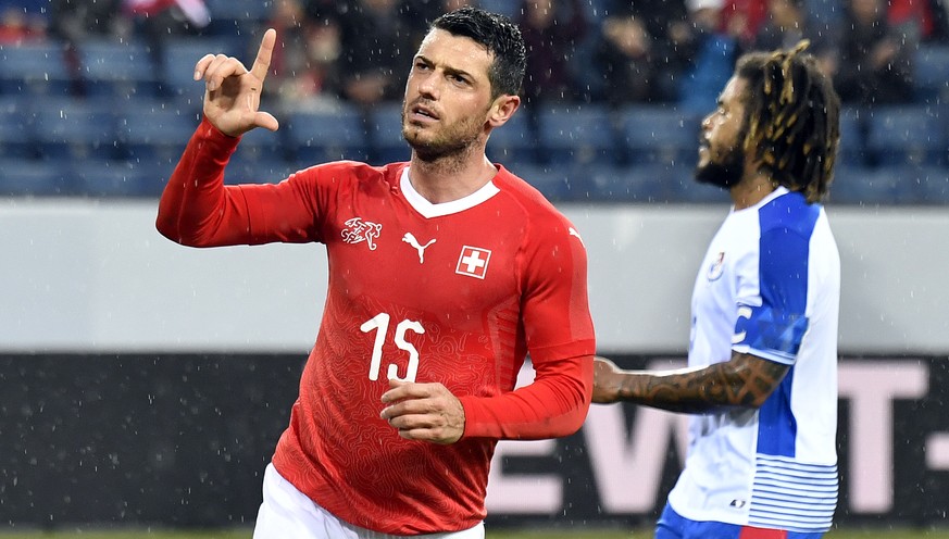 Switzerland&#039;s Blerim Dzemaili reacts after scoring the 1-0 for Switzerland during the International Friendly soccer match between Switzerland and Panama in Lucerne, Switzerland, Tuesday March 27, ...