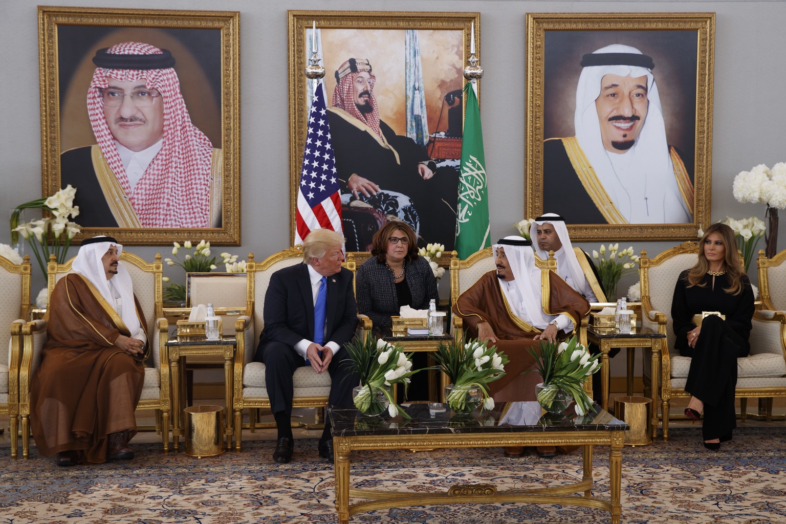 President Donald Trump meets with Saudi King Salman after a welcome ceremony at the Royal Terminal of King Khalid International Airport, Saturday, May 20, 2017, in Riyadh. (AP Photo/Evan Vucci)