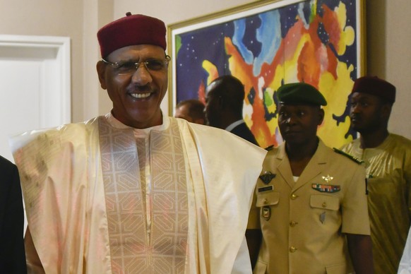 FILE- Nigerien President Mohamed Bazoum at the presidential palace in Niamey, Niger, March 16, 2023. Bazoum said Wednesday July 26 2023 that elements of the presidential guard tried to move against hi ...