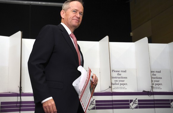 epa07579970 Australian Opposition Labor leader Bill Shorten prepares to cast his votes at Moonee Ponds West Primary school during Election Day in Melbourne, Australia, 18 May 2019. Approximately 16.5  ...