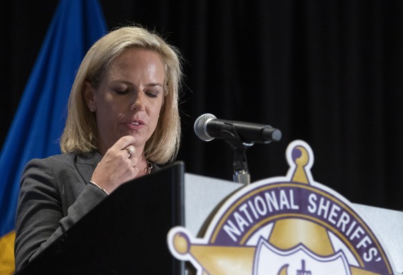 epa07363246 US Secretary of Homeland Security Kirstjen Nielsen speaks at the National Sheriffs&#039; Association Legislative &amp; Technology Winter Conference in Washington, DC, USA, 11 February 2019 ...