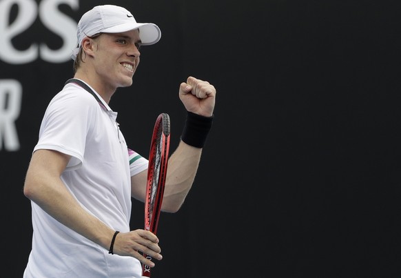 Canada&#039;s Denis Shapovalov celebrates after winning a point against Spain&#039;s Pablo Andujar during their first round match at the Australian Open tennis championships in Melbourne, Australia, T ...
