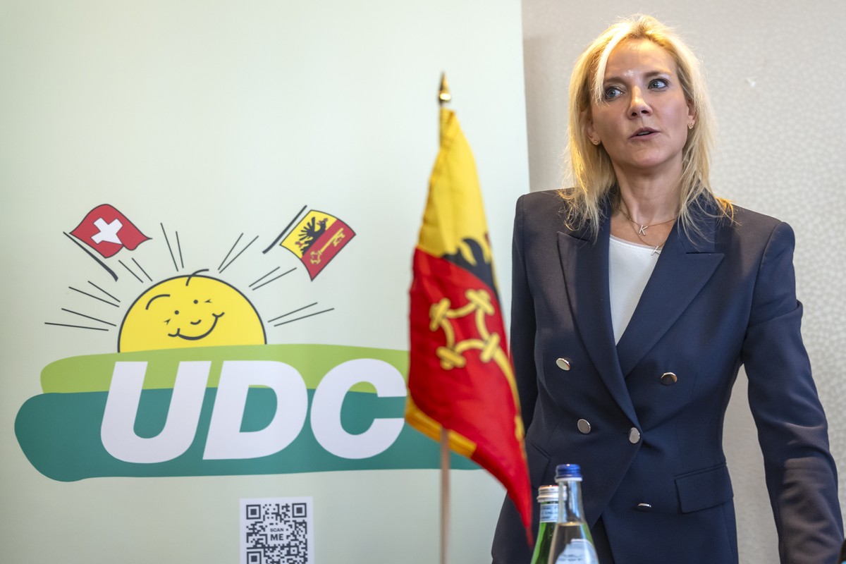 Celine Amaudruz, la vice-presidente de l'UDC Suisse et conseillere nationale, s'exprime lors d'une conference de presse pour annoncer sa candidature a la succession de Guy Parmelin au C ...