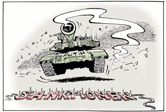 33 weitere Karikaturen, die perfekt zeigen, wie sich Putin in der Ukraine verzockt hat\nMit dieser Panzersperre hat Putin wohl nicht gerechnet.
