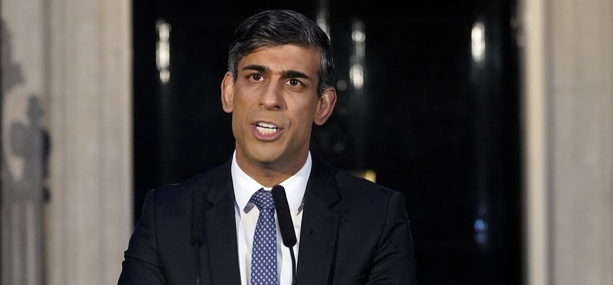 Britain&#039;s Prime Minister Rishi Sunak addresses the media at Downing Street in London, Friday, March 1, 2024. The Prime Minister used the address to warn that democracy is being targeted by extrem ...