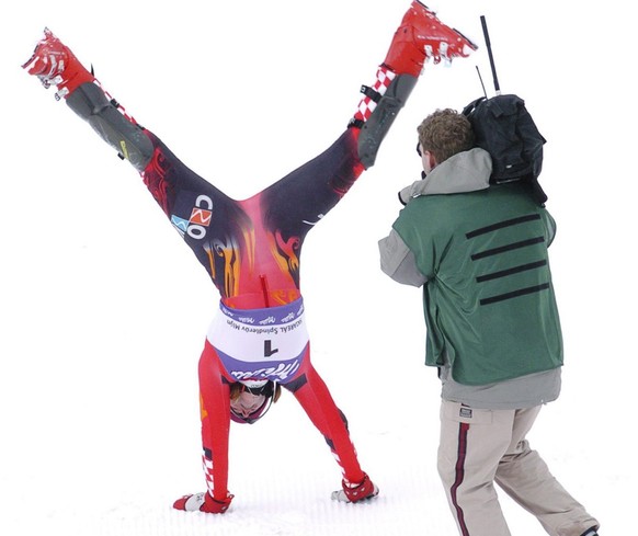 Janica Kostelic of Croatia celebrates her second place in the skiing Alpine Women World Cup slalom event in Spindleruv Mlyn, Czech Republic on Thursday, 22 December, 2005. (KEYSTONE/EPA/RADEK PETRASEK ...